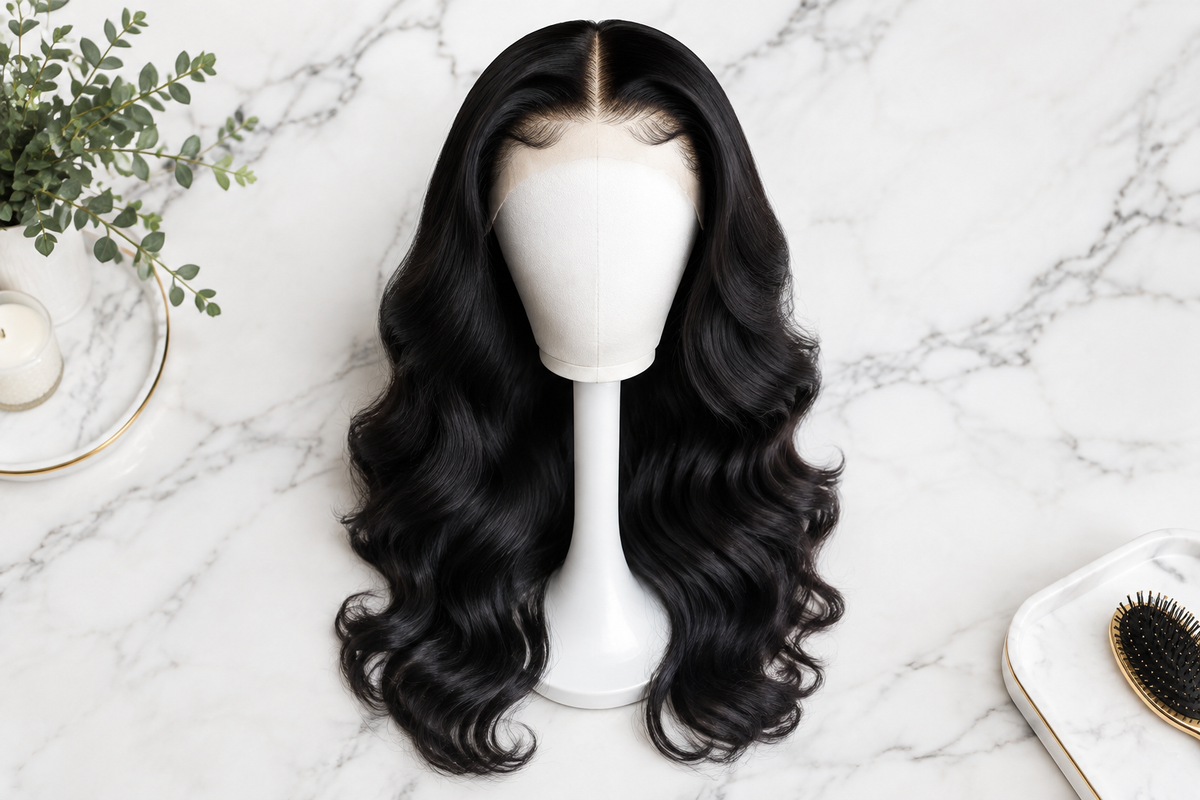 Best glueless lace front wigs displayed on a wig stand — natural black body wave human hair wig with HD lace, no glue needed