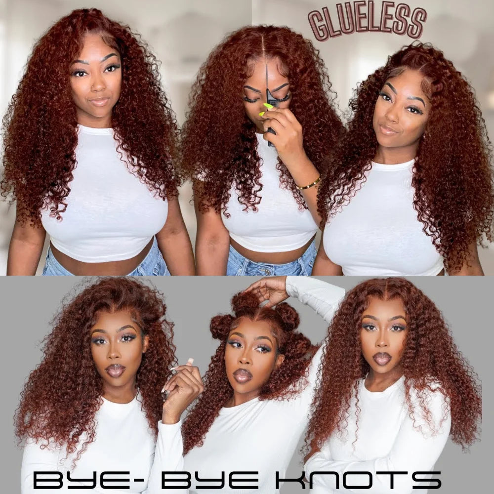 Reddish Brown Curly Human Hair Wig | 7x5 Glueless Bye-Bye Knots Lace Wig