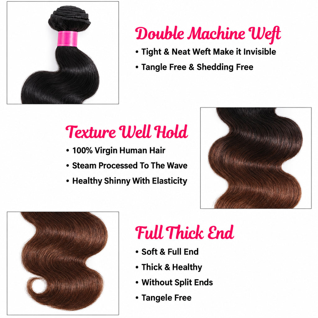Chestnut Brown Ombre Body Wave Bundles | 100% Human Hair, 1/3/4 PCS