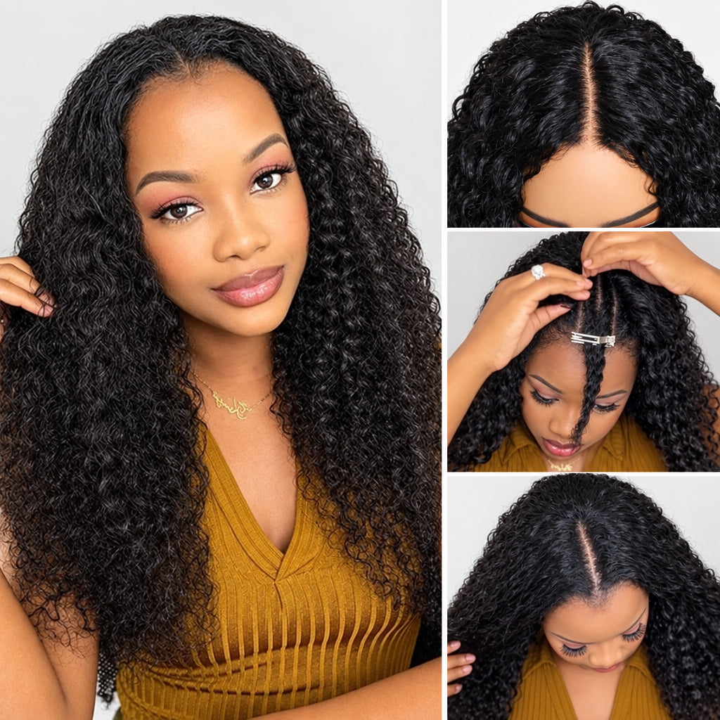 Curly V Part Wig – Glueless Human Hair Wig, No Lace, Beginner Friendly (180% Density)