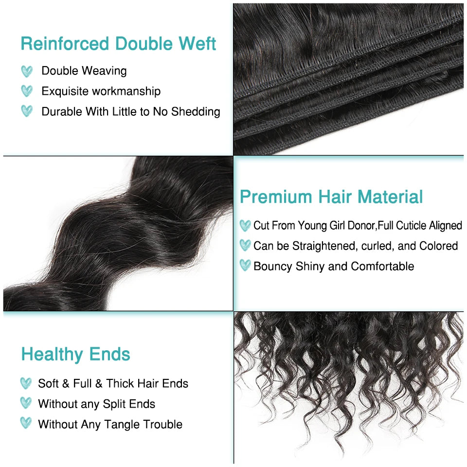 Loose Wave Human Hair Bundles (3 Pcs) – 100% Remy Malaysian Hair, Natural Black, 10"–28"