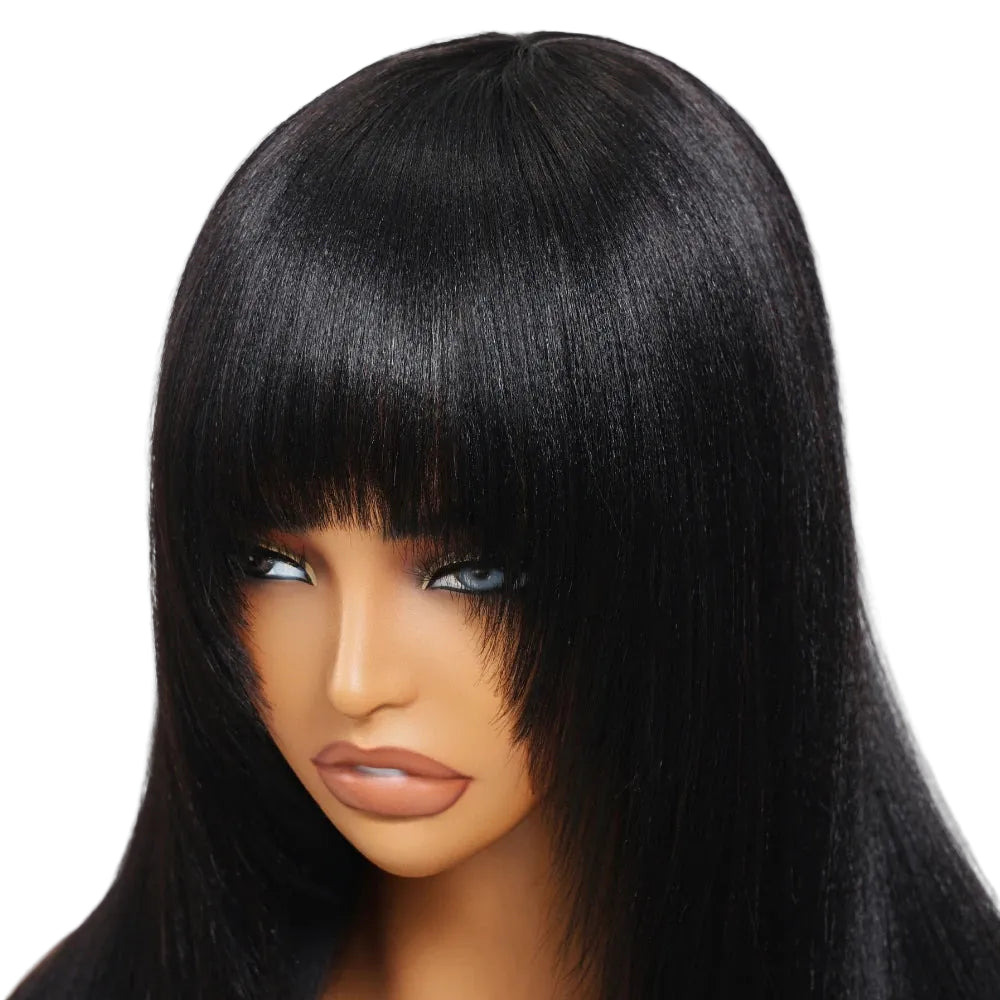 Yaki Straight Human Hair Wig with Bangs | Layered Cut Machine Made Wig