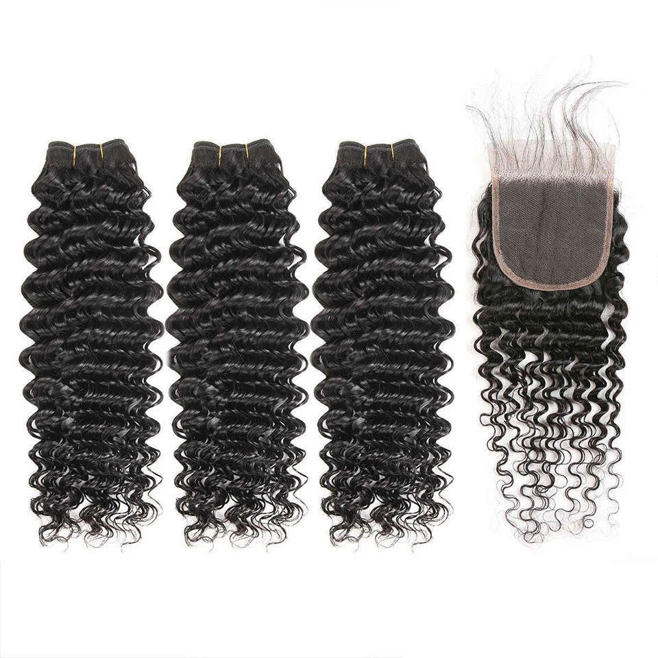 Brazilian Deep Wave 3 Bundles with 4x4 Lace Closure | 100% Remy Human Hair