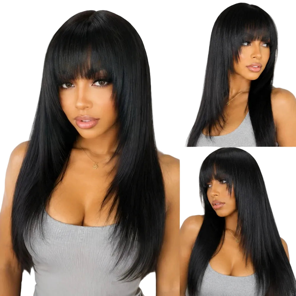Yaki Straight Human Hair Wig with Bangs | Layered Cut Machine Made Wig