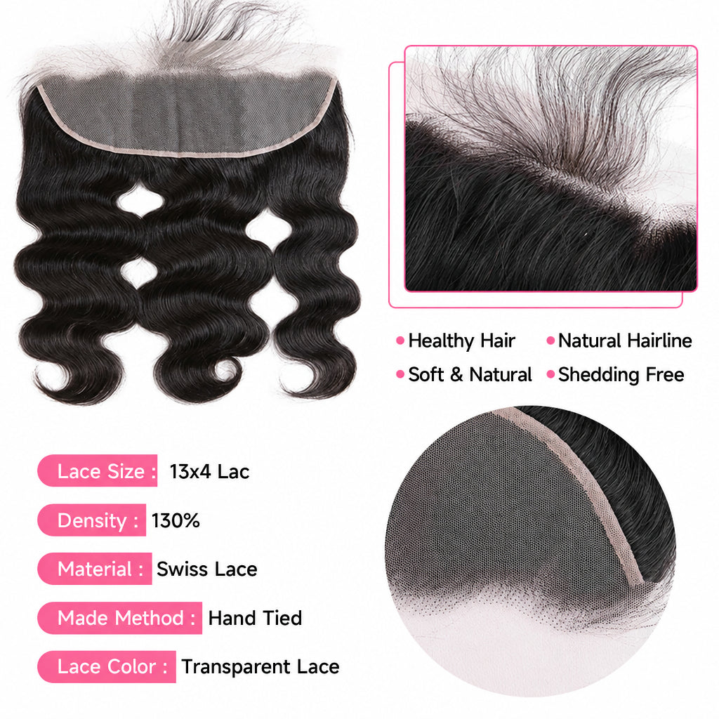 Body Wave Hair Bundles with 13x4 Frontal – 3 Bundles + Transparent Lace, 100% Remy Human Hair