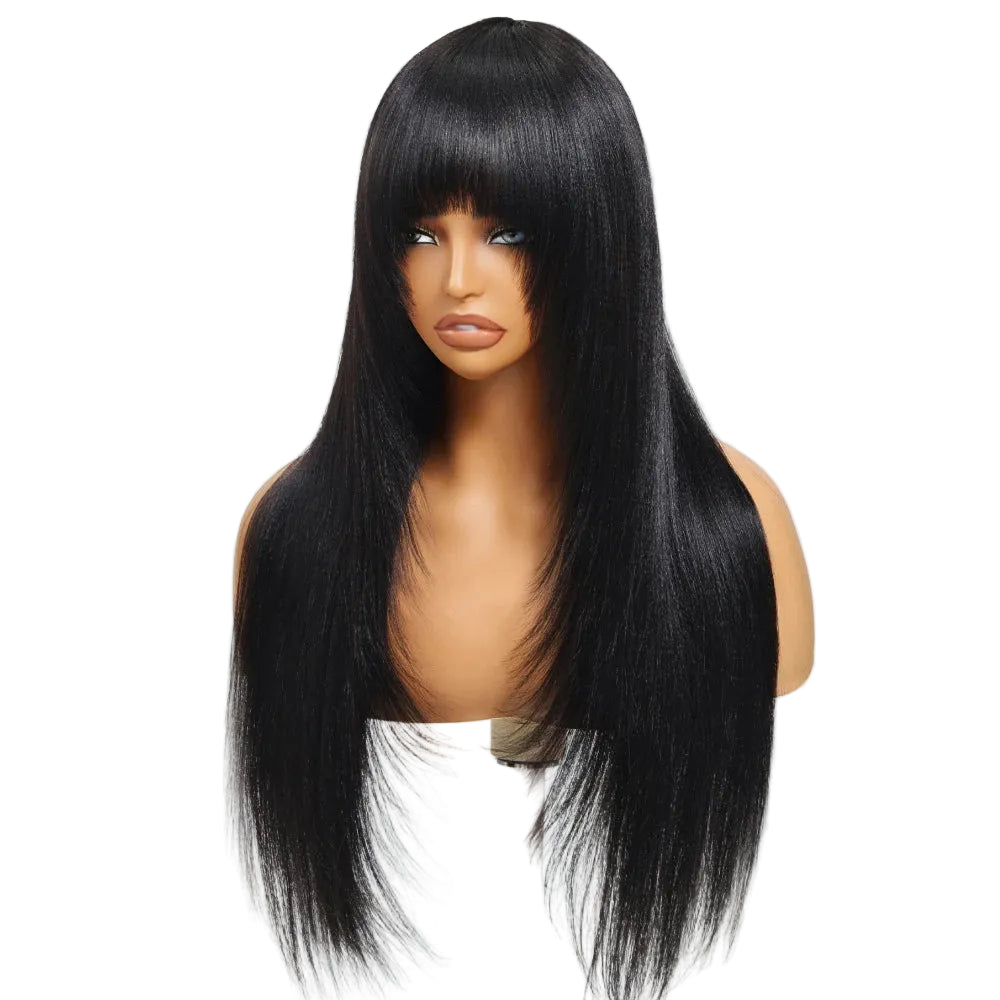 Yaki Straight Human Hair Wig with Bangs | Layered Cut Machine Made Wig