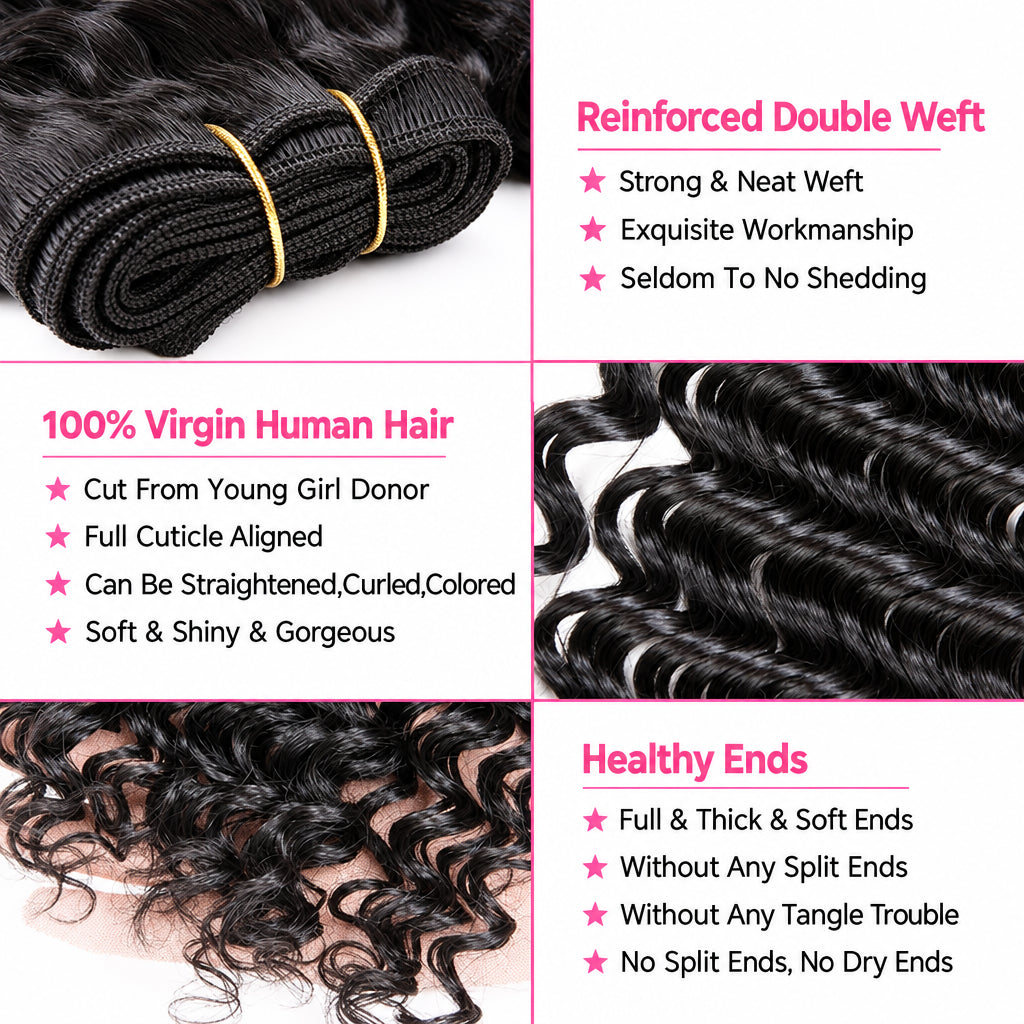Brazilian Deep Wave 3 Bundles with 4x4 Lace Closure | 100% Remy Human Hair
