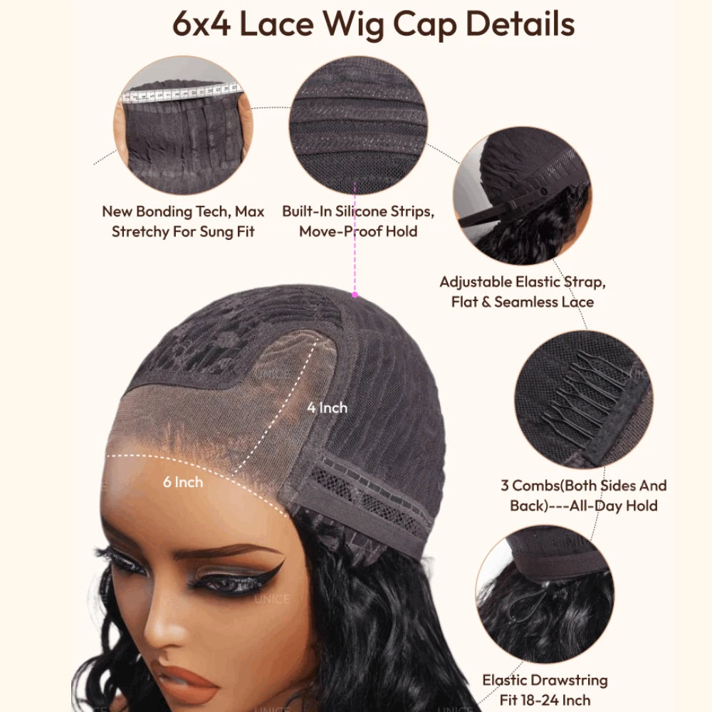 6x4 Lace "C" Side Part Loose Wavy Bob Wig – 220% Density Glueless Human Hair