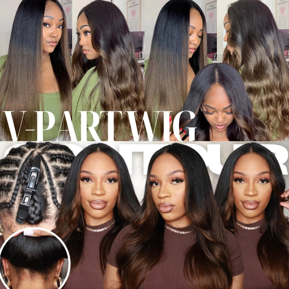 Yaki Straight V Part Wig | Ombre & Natural Color | Glueless Human Hair