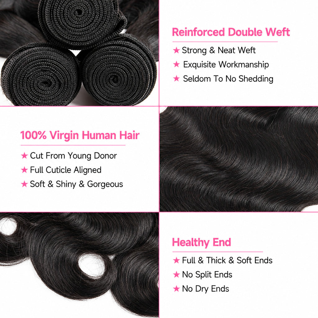 Body Wave Hair Bundles with 13x4 Frontal – 3 Bundles + Transparent Lace, 100% Remy Human Hair
