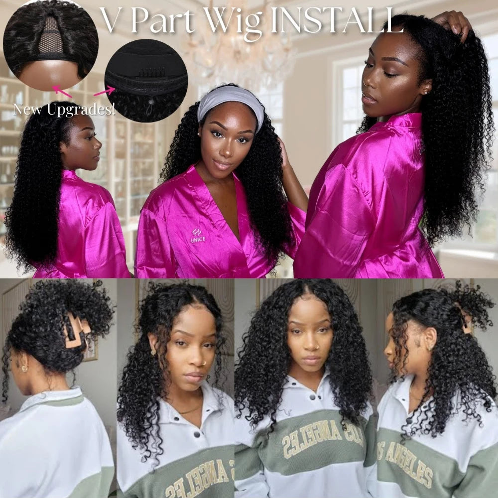 Curly V Part Wig – Glueless Human Hair Wig, No Lace, Beginner Friendly (180% Density)