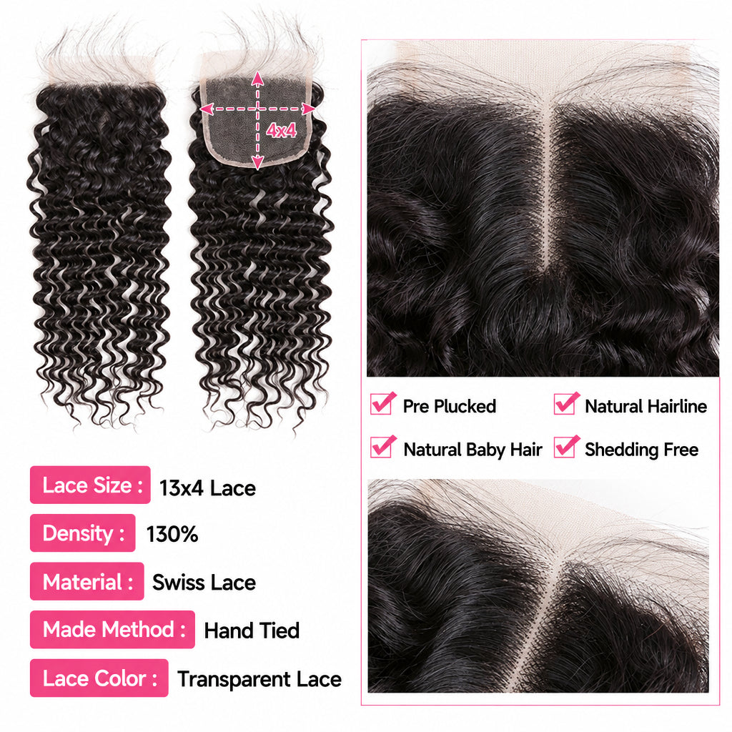 Brazilian Deep Wave 3 Bundles with 4x4 Lace Closure | 100% Remy Human Hair