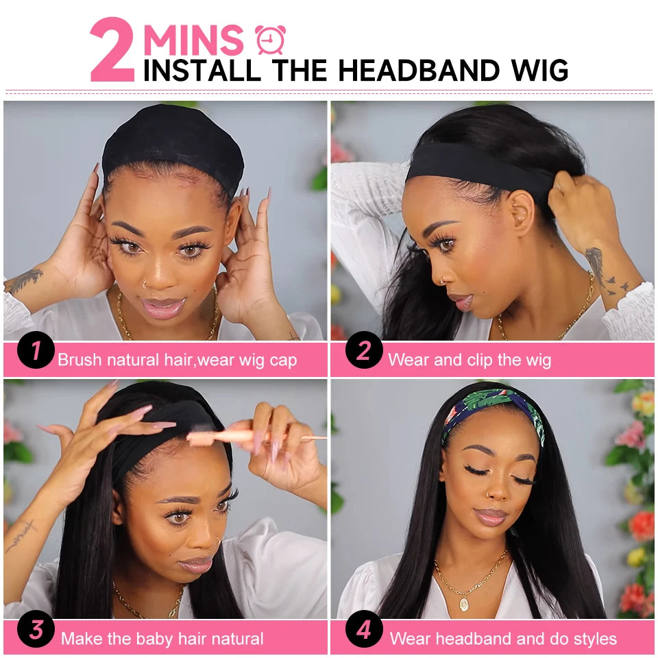 Straight Headband Wig – 100% Remy Human Hair, Glueless, 150% & 180% Density, 14"–28"