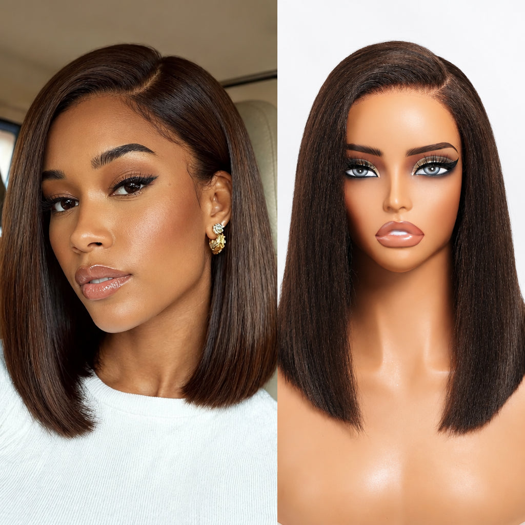 7x5 Lace Yaki Straight Blunt Cut Bob Wig | Dark Chocolate Brown | Glueless Human Hair