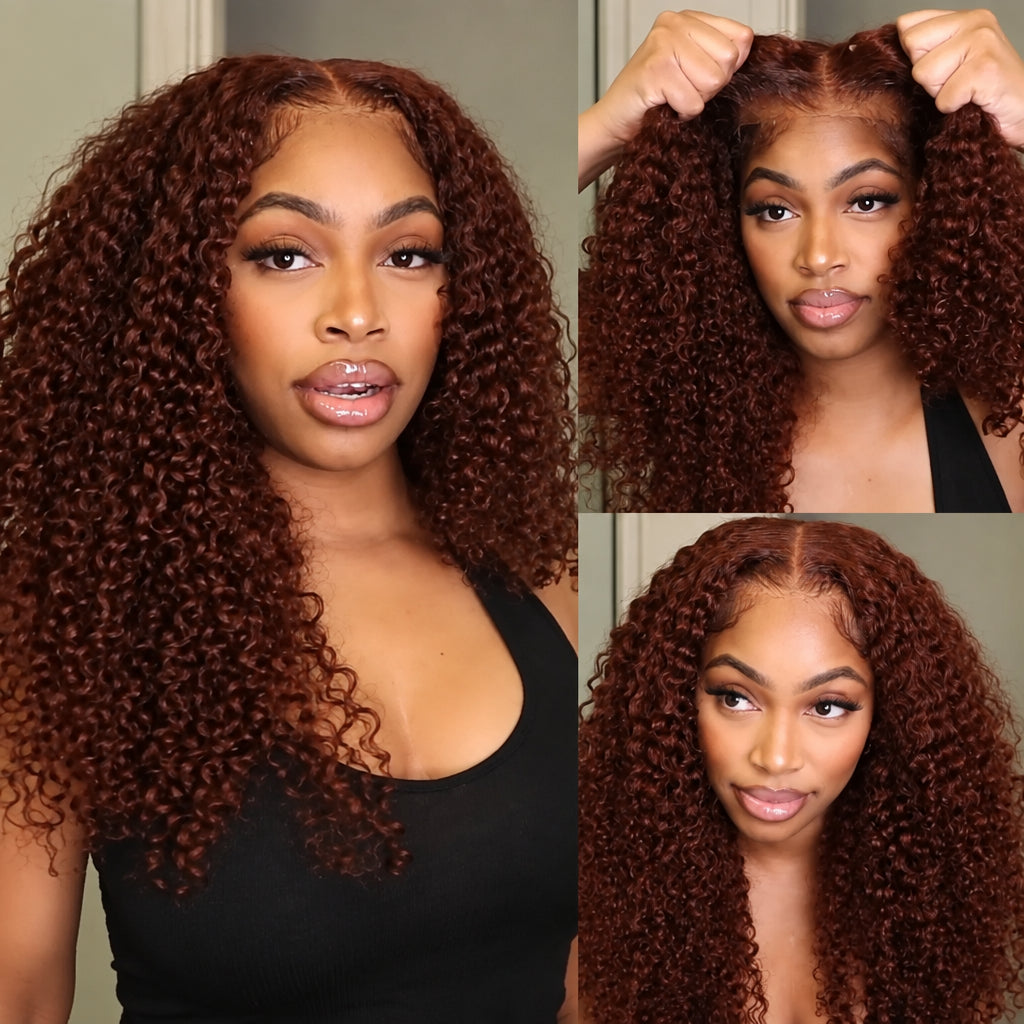 Reddish Brown Jerry Curly Wig | 7x5 Glueless Lace | Wear & Go | Pre-Cut & Pre-Bleached | 150% Density