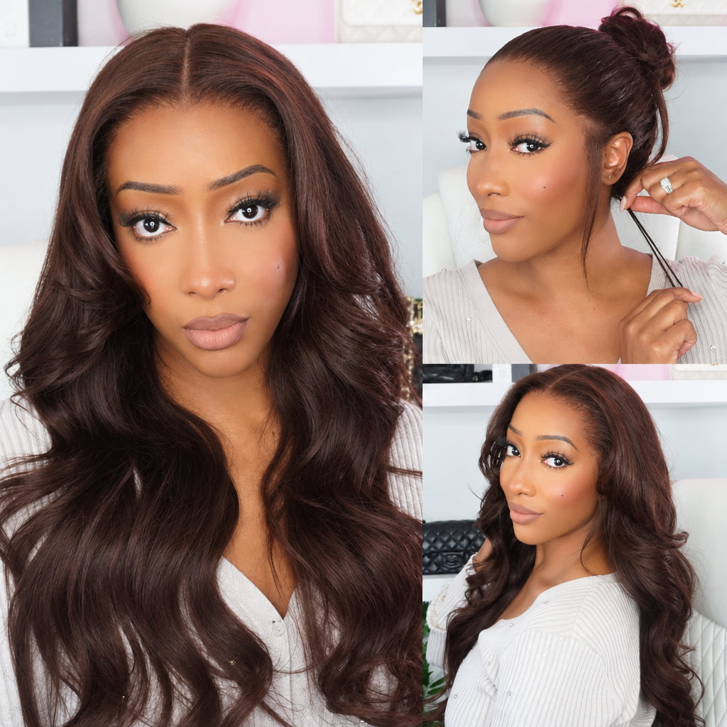 13x4 Lace Chocolate Brown Loose Wave Curtain Bangs Wig – 150% Density Glueless Human Hair