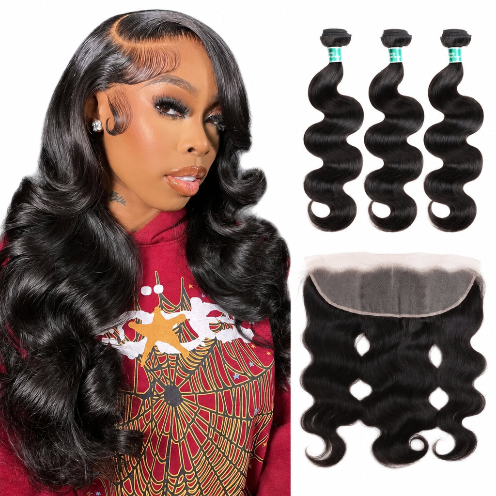 Body Wave Hair Bundles with 13x4 Frontal – 3 Bundles + Transparent Lace, 100% Remy Human Hair