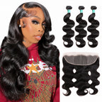 Body Wave Hair Bundles with 13x4 Frontal – 3 Bundles + Transparent Lace, 100% Remy Human Hair