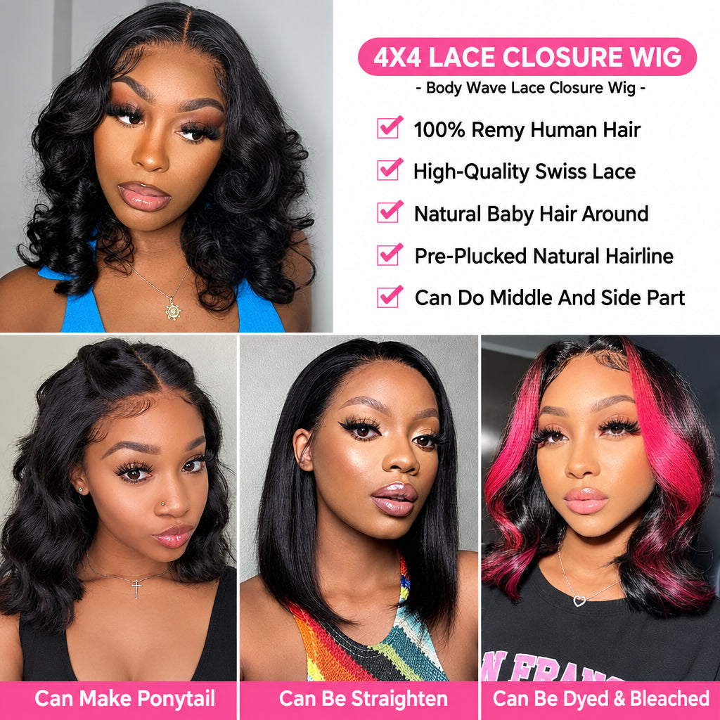 4x4 Body Wave Lace Closure Bob Wig – 100% Human Hair