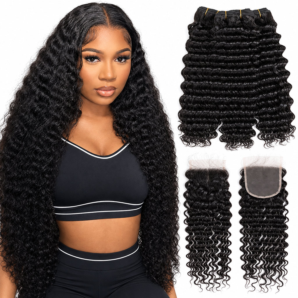 Brazilian Deep Wave 3 Bundles with 4x4 Lace Closure | 100% Remy Human Hair