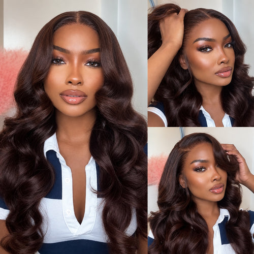 13x4 Lace Chocolate Brown Loose Wave Curtain Bangs Wig – 150% Density Glueless Human Hair